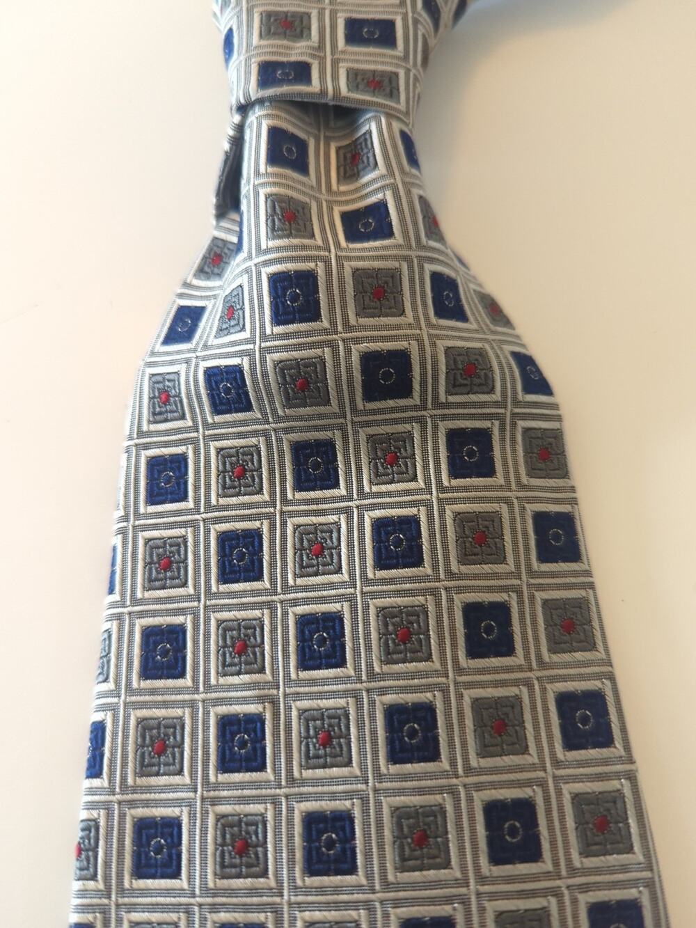 City of London Men's 100% Silk Neck Tie Royal Blue Silver & Red Squares 57" x 4"